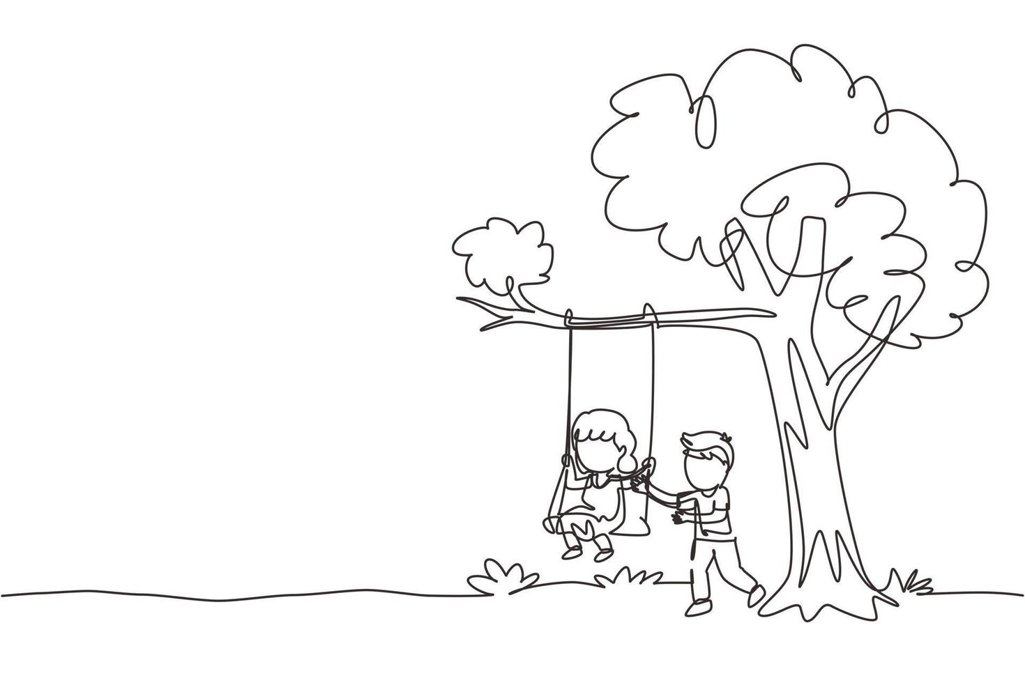 Continuous one line drawing happy boys and girls playing on tree swing. Cheerful kids on swinging under a tree. Cute children playing in playground. Single line draw design vector graphic illustration