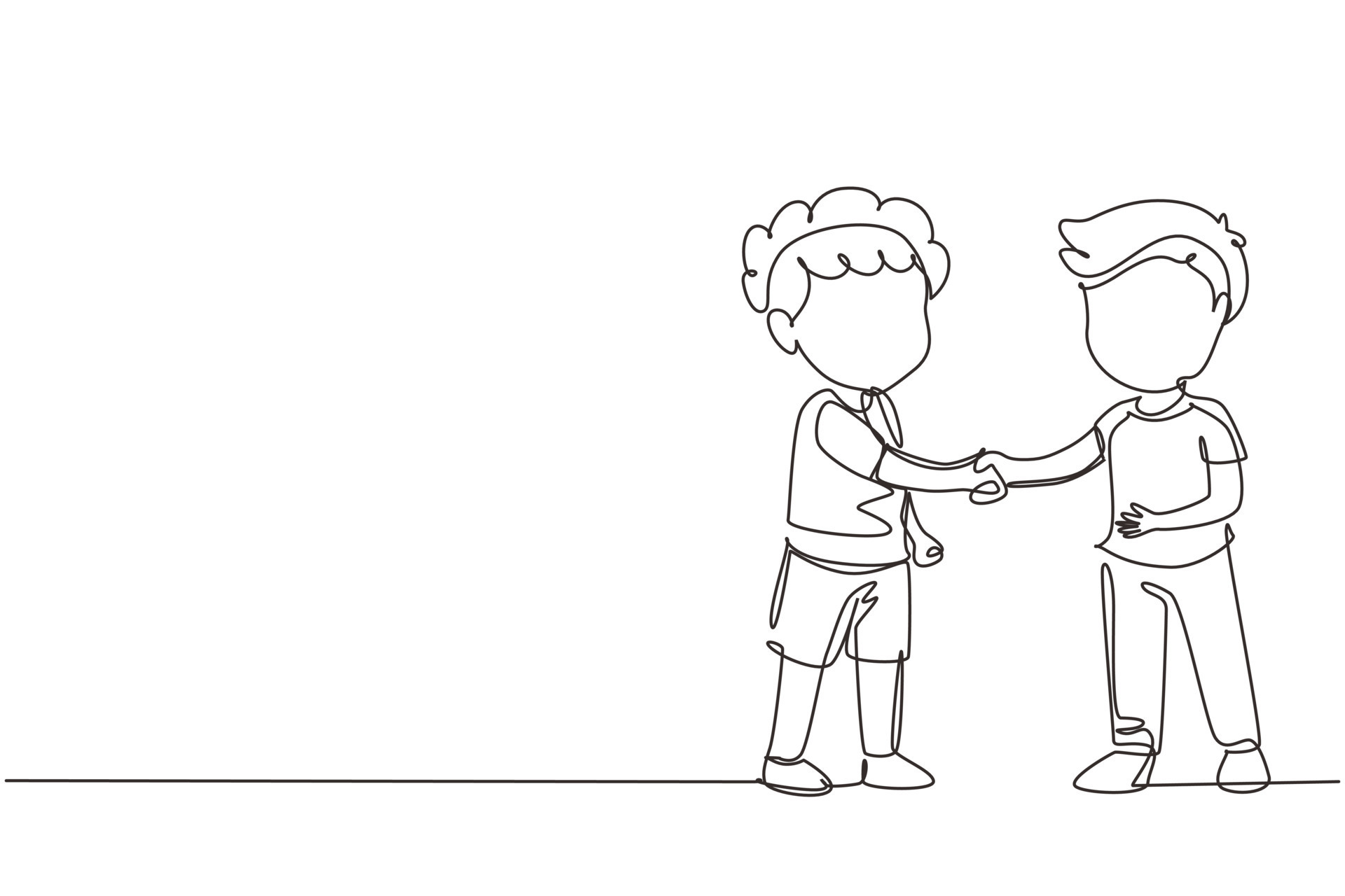 Single one line drawing boys standing and shaking hands making