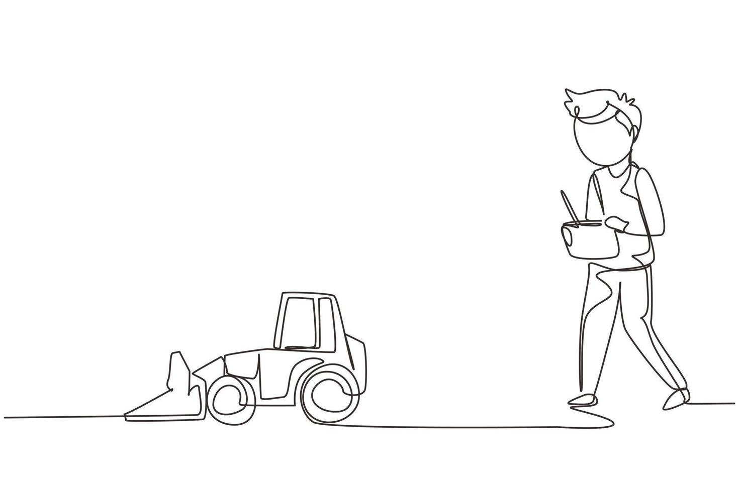 Single one line drawing boy playing with remote-controlled bulldozer toy. Kids playing with electronic toy bulldozer with remote control in hands. Continuous line design graphic vector illustration