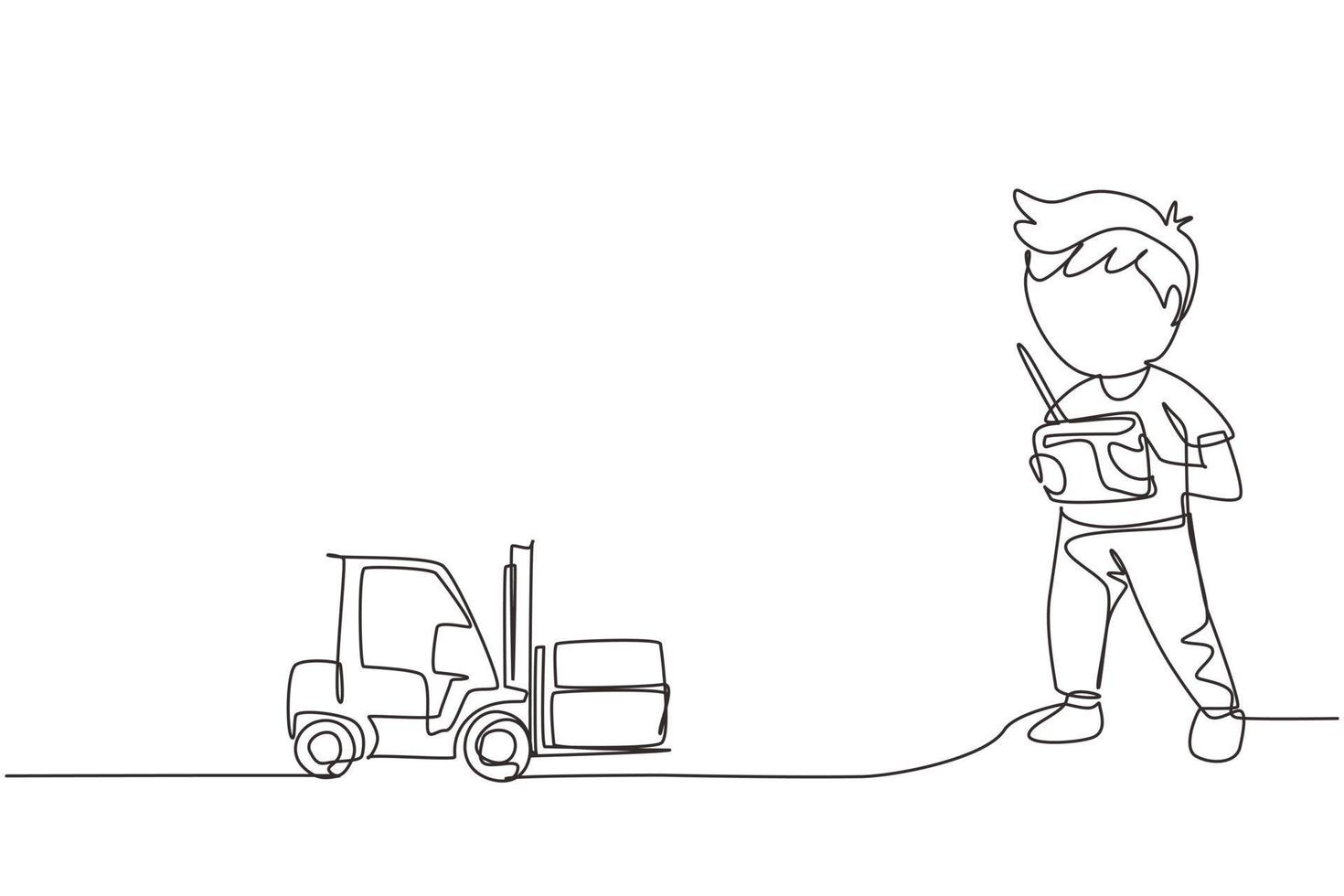 Single one line drawing boy playing with remote-controlled forklift truck toy. Kids playing with electronic toy forklift truck with remote control in hands. Continuous line design vector illustration