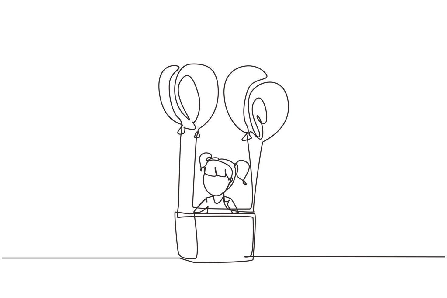 Single continuous line drawing cute girl sitting in cardboard box with balloons. Little pilot of hot air balloon. Creative kid character playing hot air balloon. One line draw graphic design vector