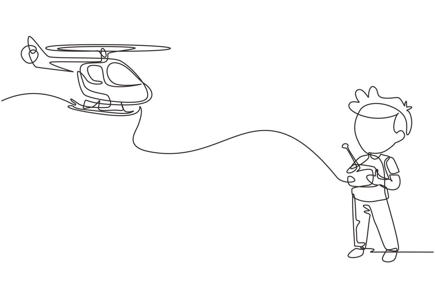 niños de dibujo de una línea continua jugando con un helicóptero de juguete controlado por radio. niños jugando sosteniendo controladores rc. niños emocionados sonrientes con juguetes rc modernos. gráfico vectorial de diseño de dibujo de una sola línea vector