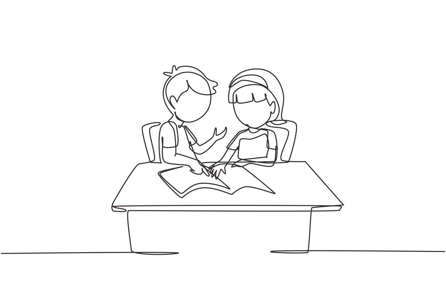 Continuous one line drawing children pupils studying together while boy explains to girl pointing at their notebook. Kids makes homework from school. Single line design vector graphic illustration
