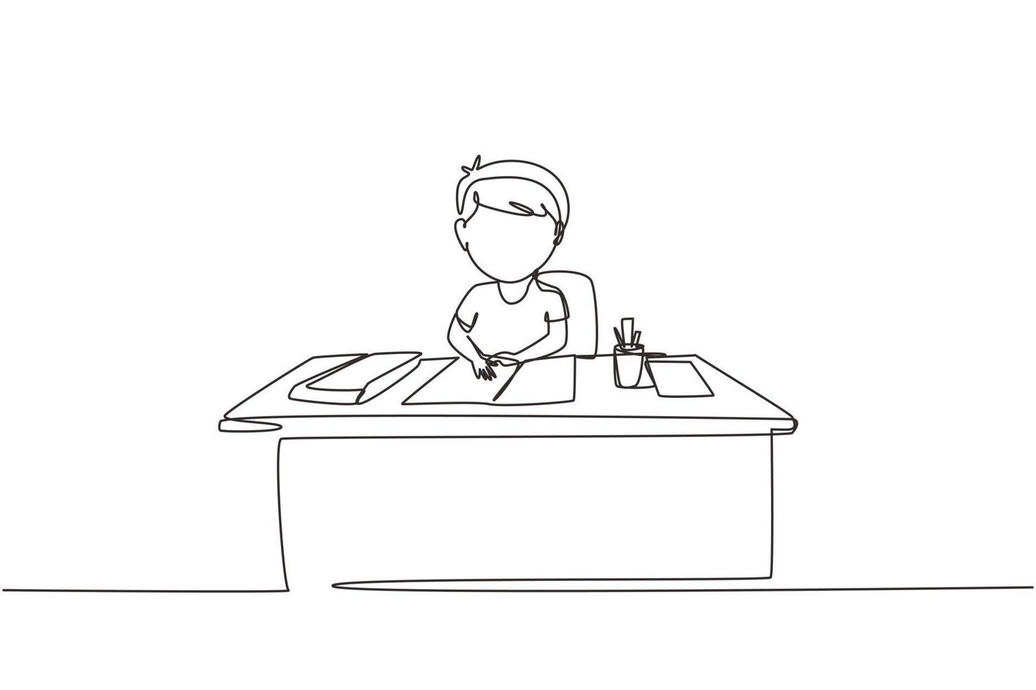 Single continuous line drawing boy studying on table with stationery such as books, pencils, pens. Kid makes homework from school. Intelligent student. One line draw graphic design vector illustration