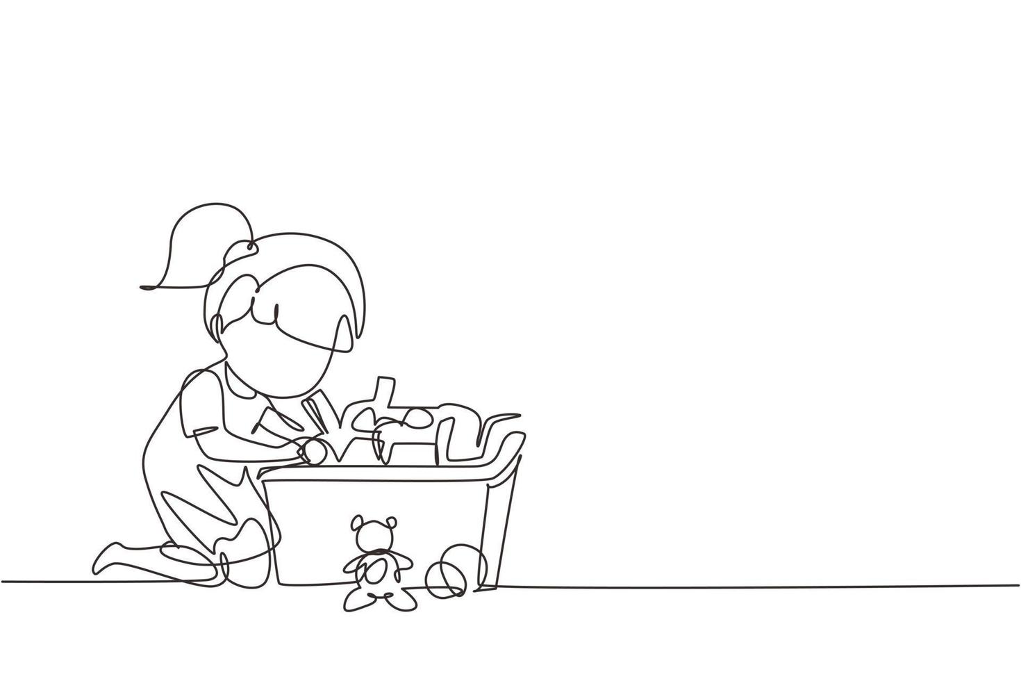 Continuous one line drawing little girl putting her toys into box. Kids doing housework chores at home concept. Smiling child storing her toys in box. Single line design vector graphic illustration