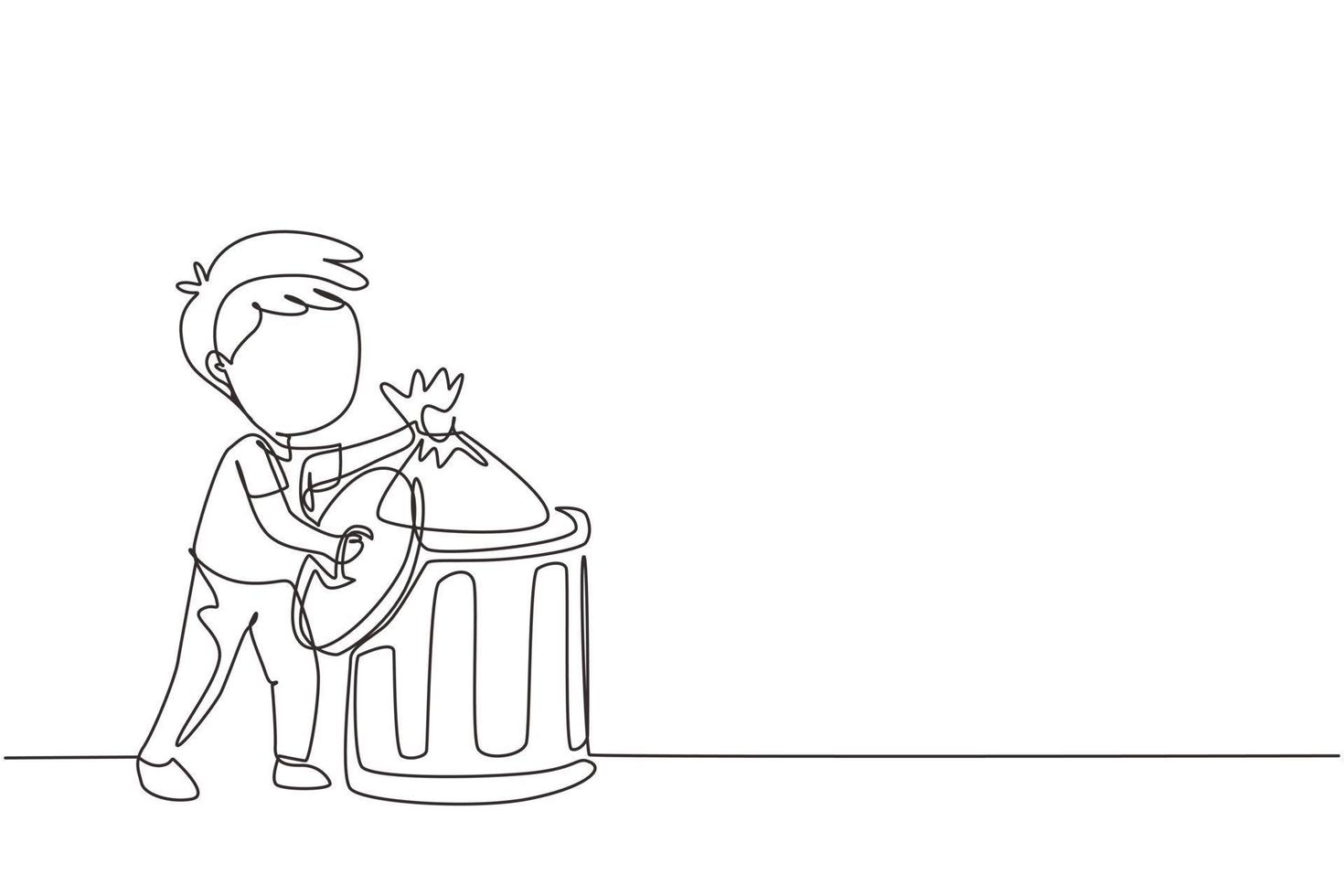 Continuous one line drawing little boy taking out the trash. Kids doing housework chores at home concept. Ecology themed. Eco education. Kids activities. Single line design vector graphic illustration