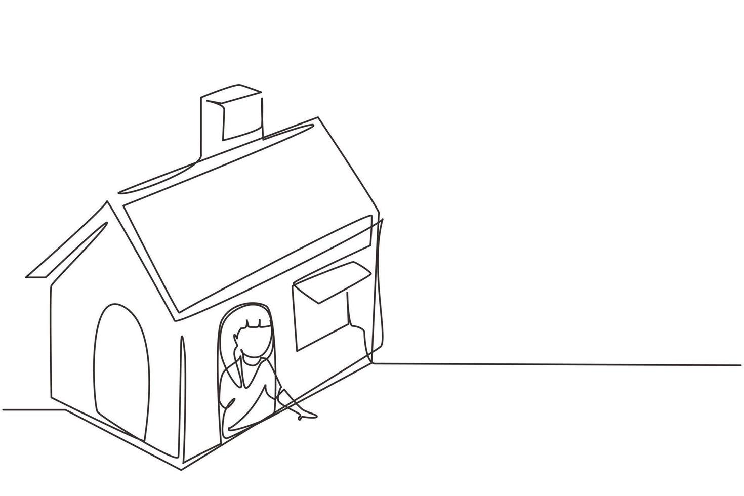 Single continuous line drawing cute little girl playing in house made of cardboard boxes. Creative child sitting in playhouse. Leisure time. Dynamic one line draw graphic design vector illustration