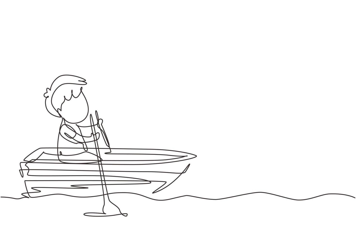 Single continuous line drawing cute little boy riding on boat at river. Kids riding on wooden boat. Kids rowing boat on lake. Happy children paddle boat. Dynamic one line draw graphic design vector