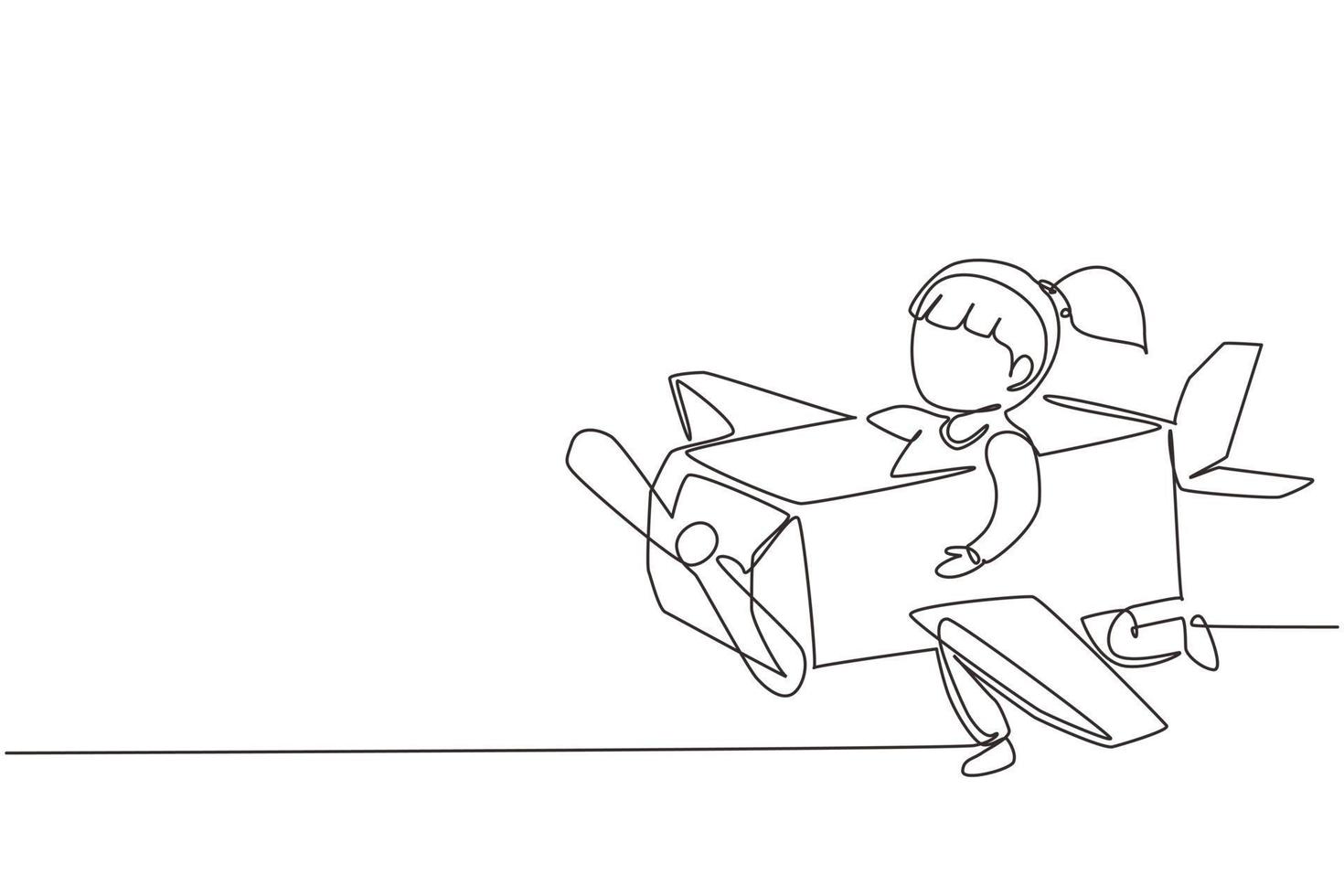 Single continuous line drawing creative girl playing as a pilot with cardboard airplane. Happy kids riding cardboard handmade airplane. Plane game. One line draw graphic design vector illustration