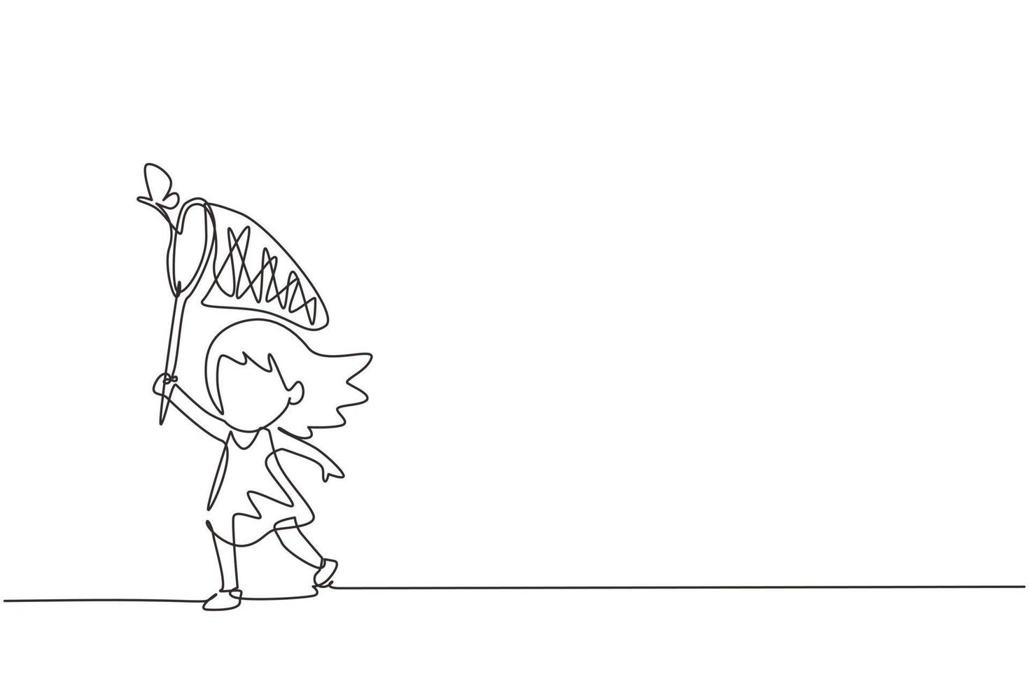 Single one line drawing cute little girl catches butterfly. Happy child runs at garden. Happy kids catching bugs in the field. Spring time. Continuous line draw design graphic vector illustration