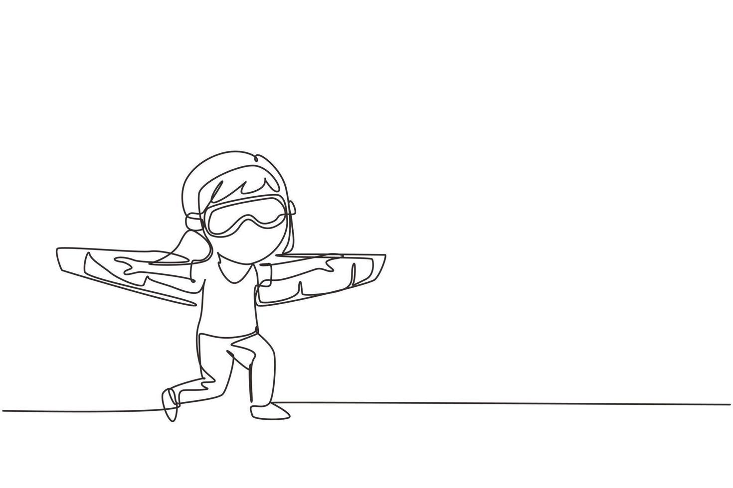 Continuous one line drawing happy kid girl play toy plane cardboard. Children playing toy plane cardboard, little cute kid in an astronaut costume. Single line draw design vector graphic illustration