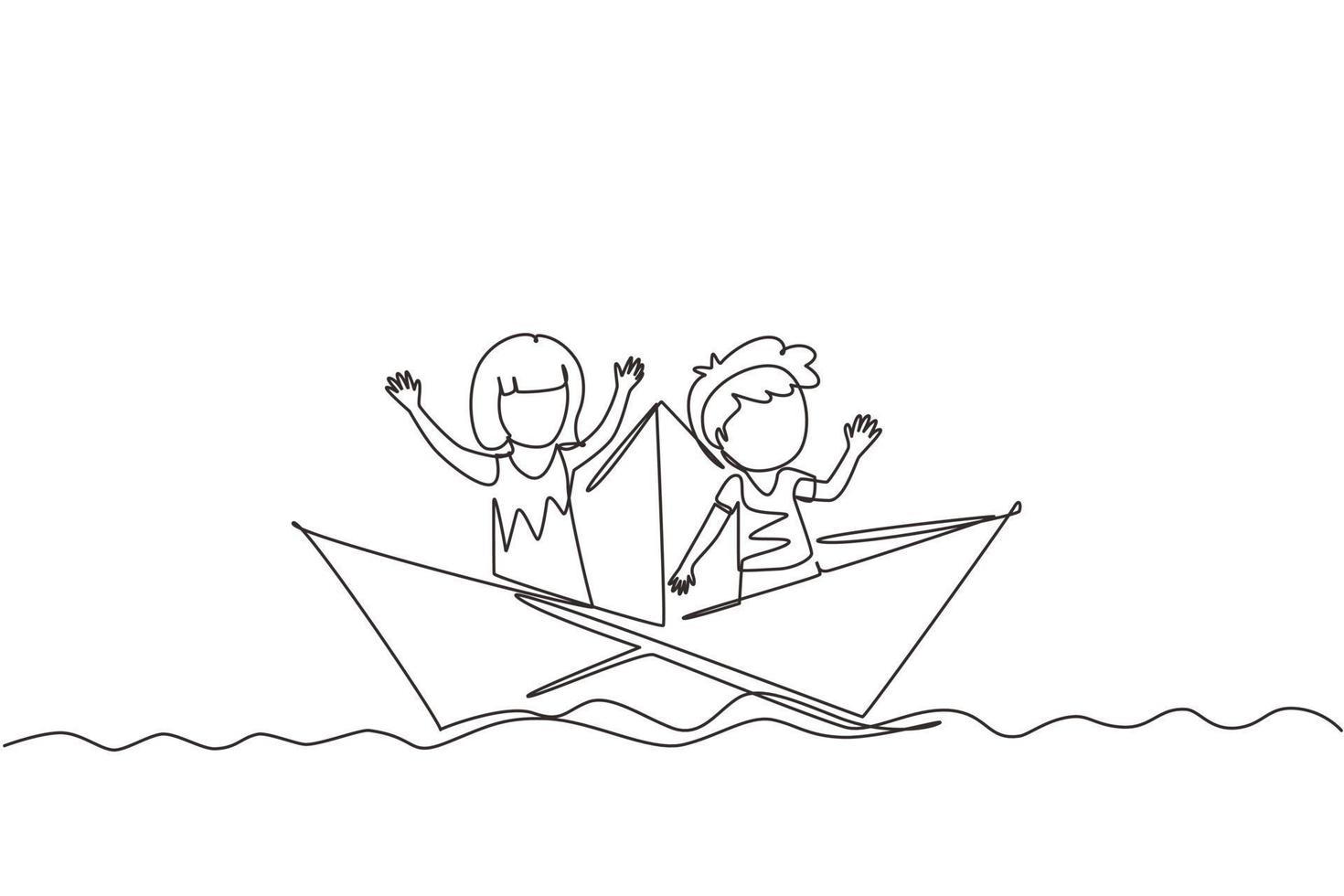 Single continuous line drawing cute boys and girls floating on paper boat on the water. Happy smiling kid having fun and playing sailor in imaginary world. One line graphic design vector illustration