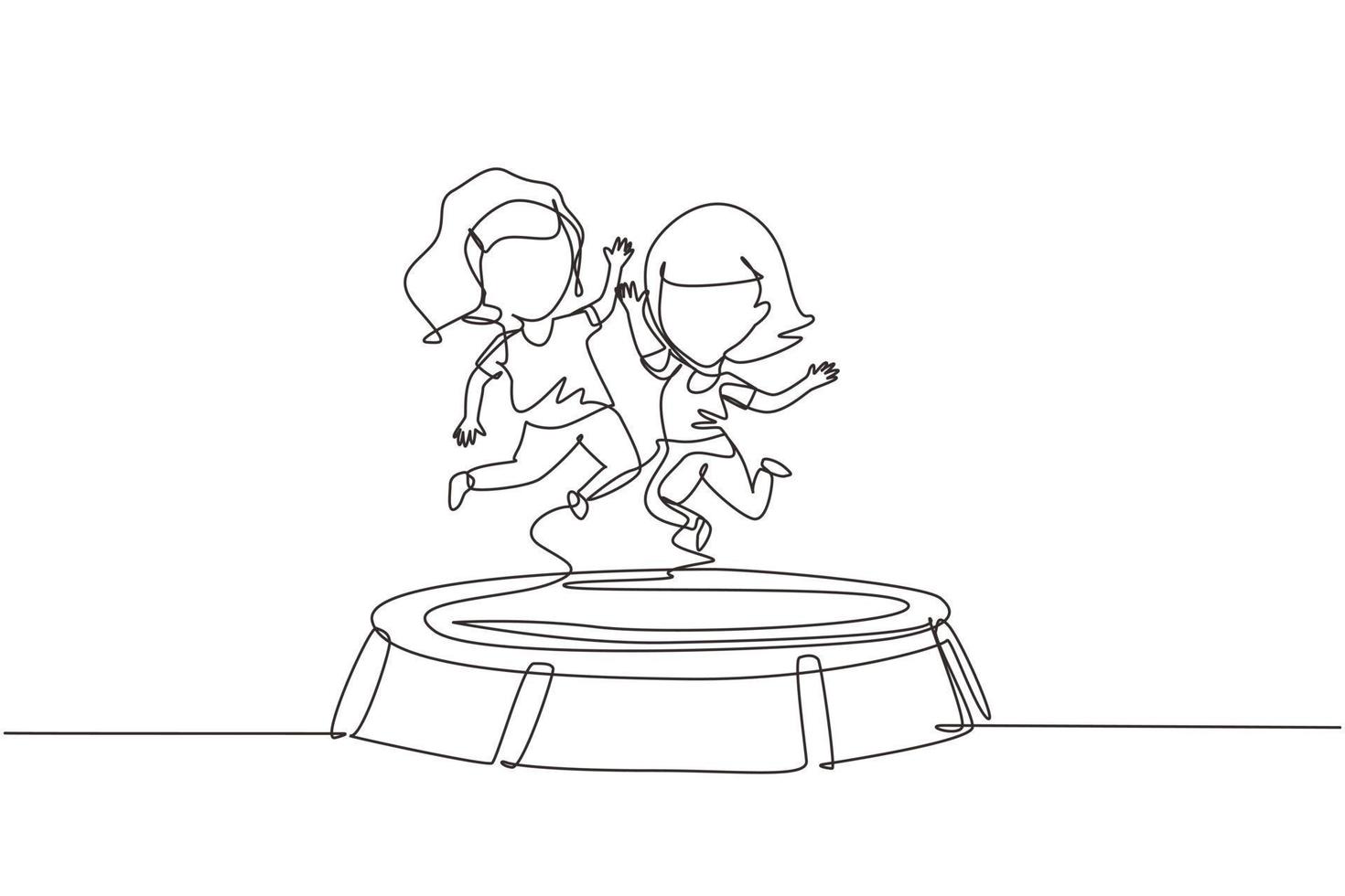 Single continuous line drawing two little girl jumping on trampoline together. Happy kids jumping on round trampoline. Active children's outdoors games. One line graphic design vector illustration