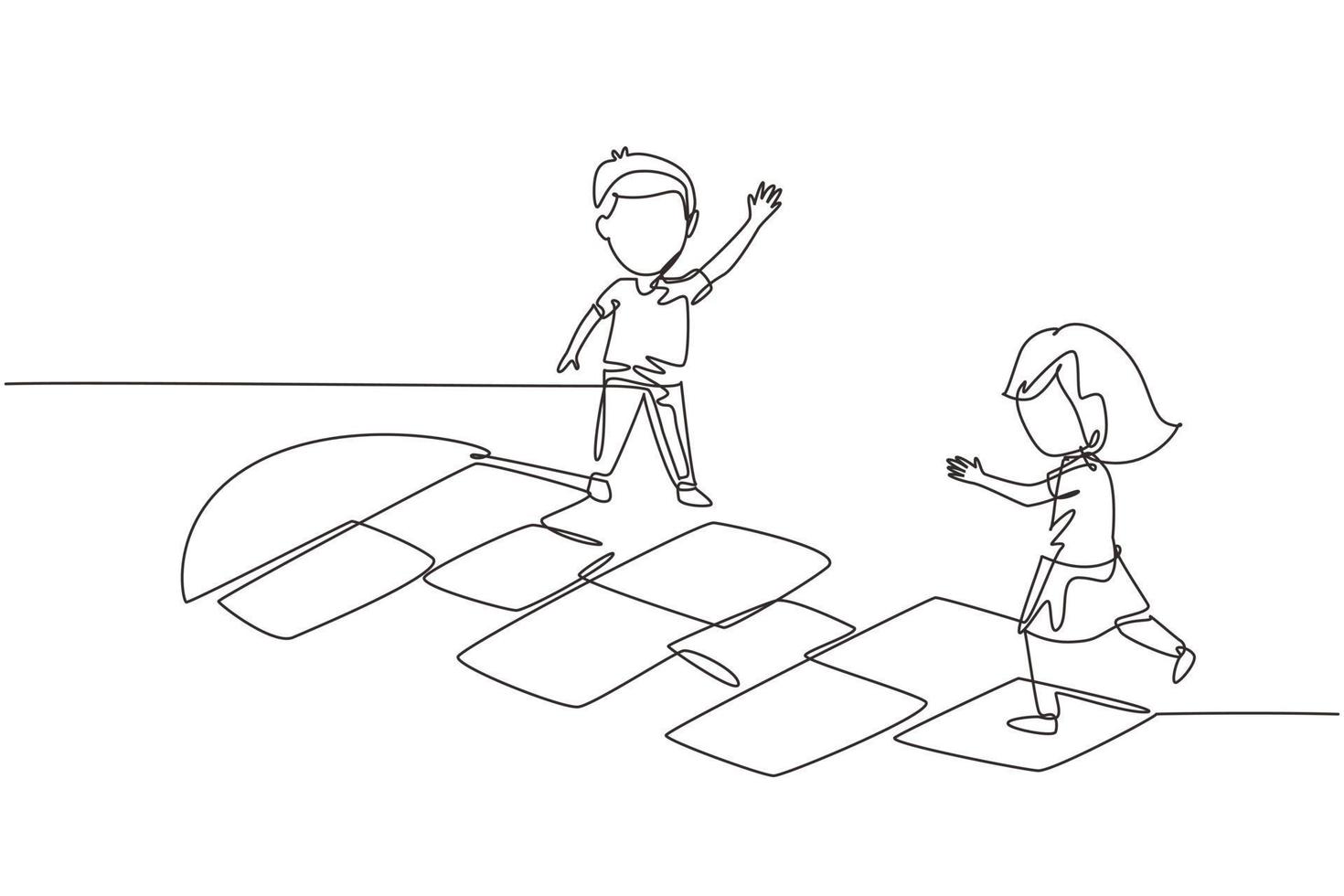 una sola línea continua dibujando a una niña y un niño jugando a la rayuela en el jardín de infantes. niños felices saltando en el patio de recreo. cancha de hop scotch dibujada con tiza. vector de diseño gráfico de dibujo de una línea