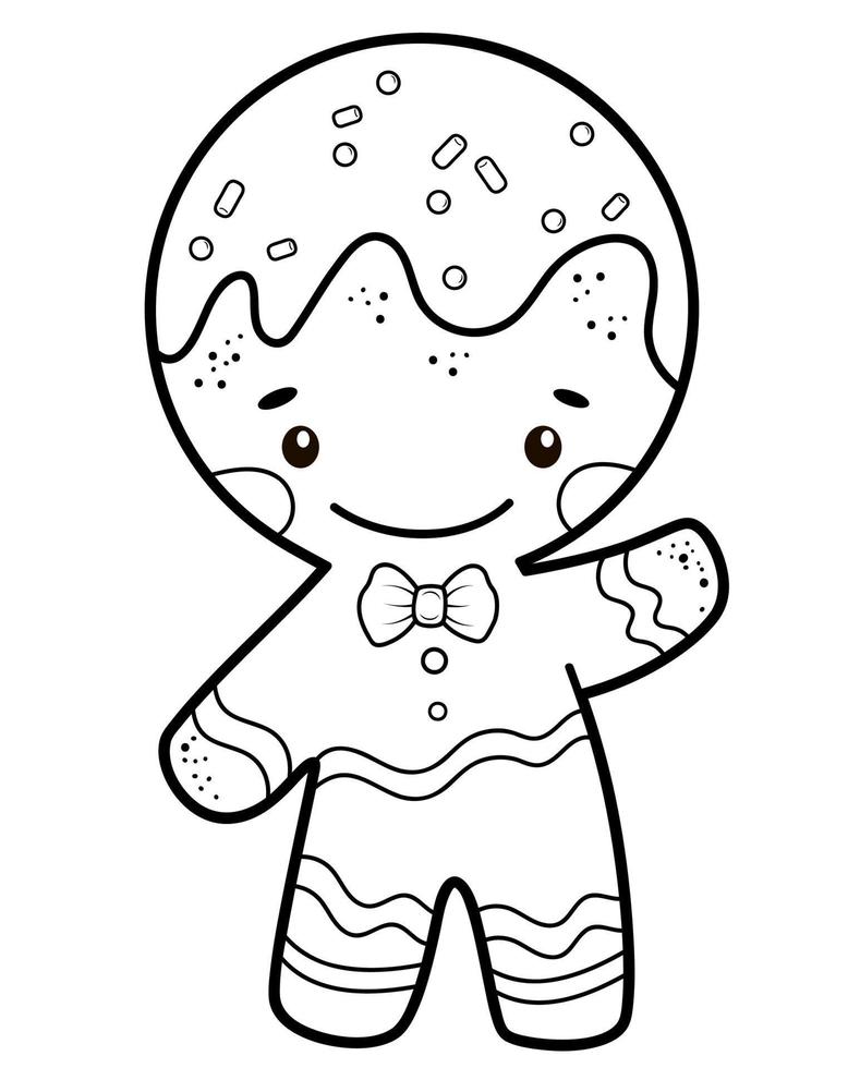 Christmas coloring book or page. Gingerbread man black and white vector illustration