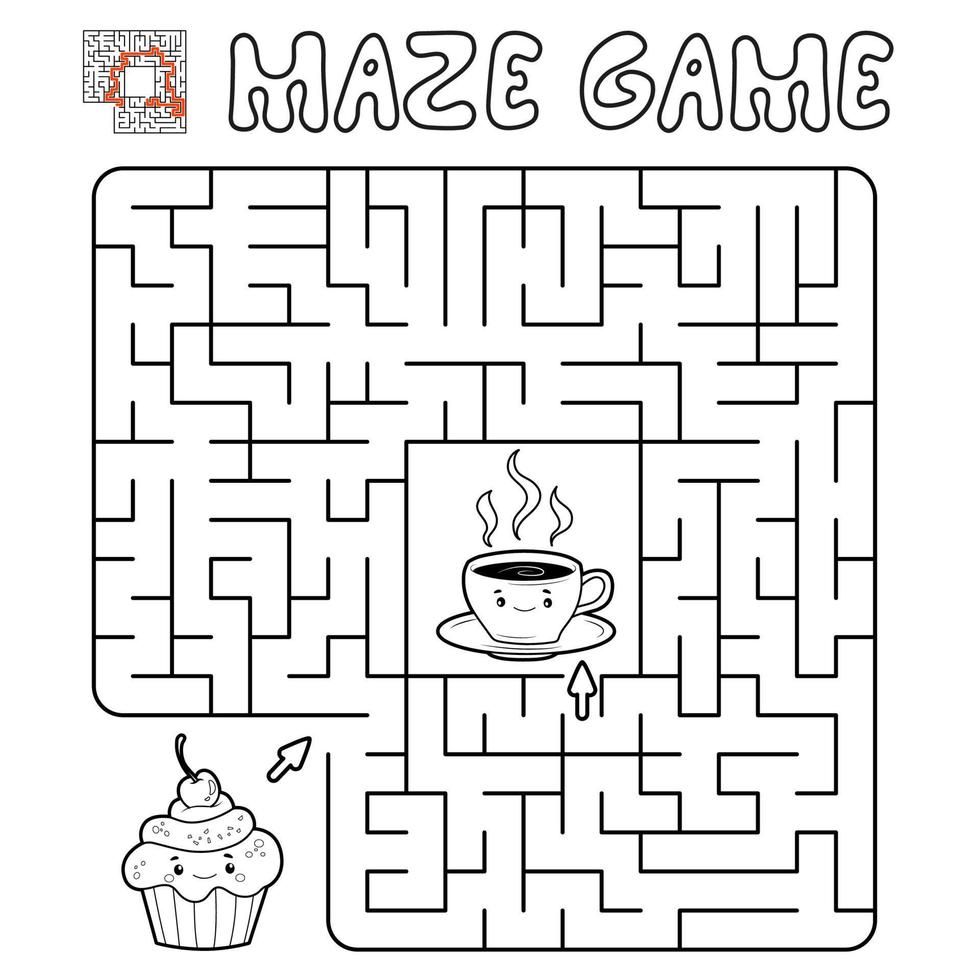Maze puzzle game for children. Outline maze or labyrinth game with cake and tea. vector