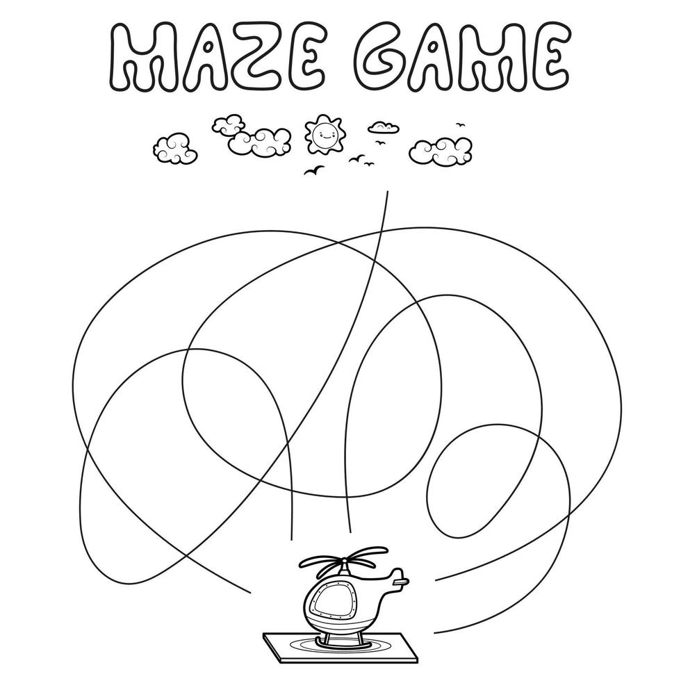 Maze puzzle game for children. Outline maze or labyrinth. Find path game with helicopter. vector