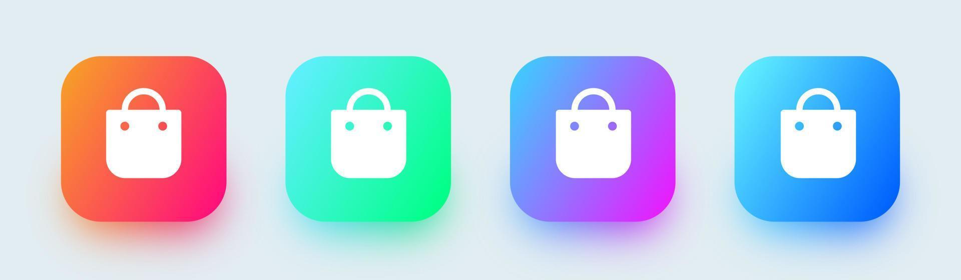 icono sólido de la bolsa de compras en colores degradados cuadrados. signo de bolsa de compras para la interfaz de aplicaciones web o de comercio. vector