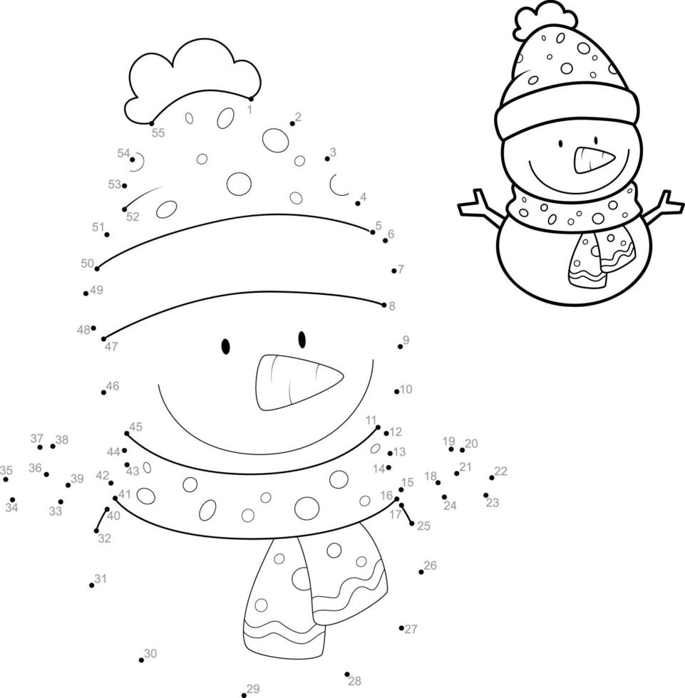 Dot to dot Christmas puzzle for children. Connect dots game. Christmas snowman vector illustration