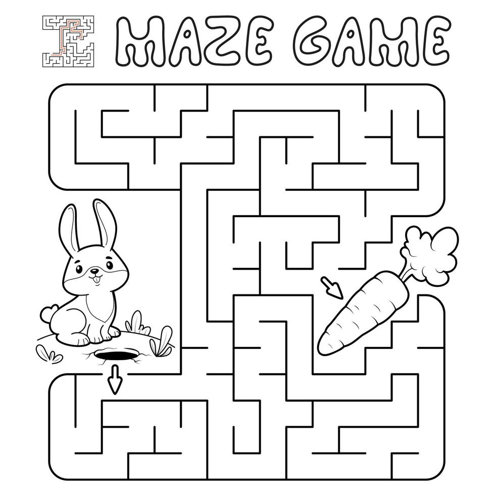 Maze puzzle game for children. Outline maze or labyrinth game with rabbit. vector