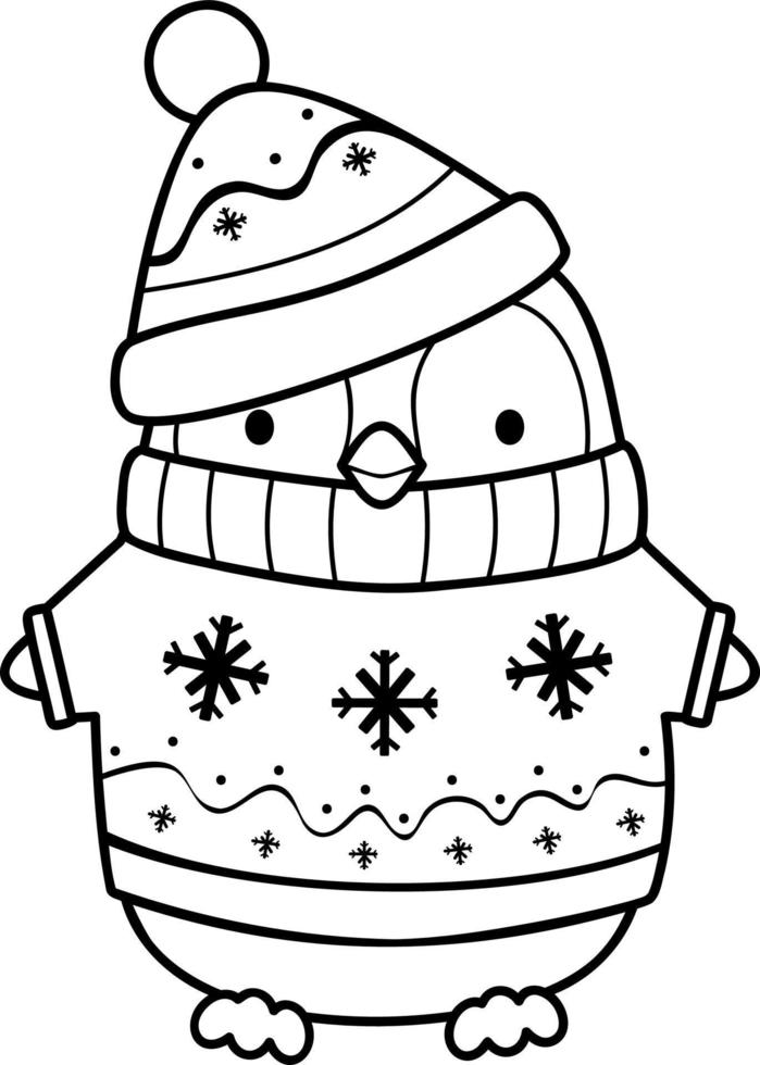 Christmas coloring book or page. Christmas penguin black and white vector illustration