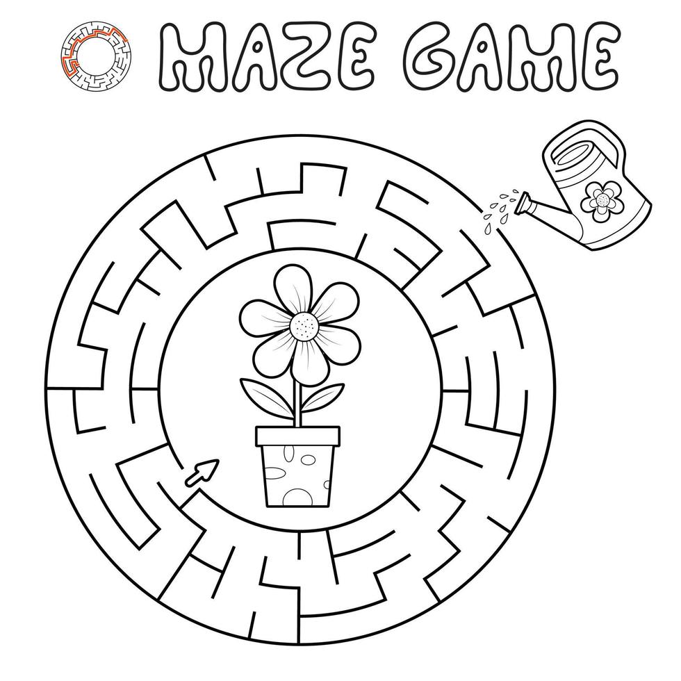 Maze puzzle game for children. Outline circle maze or labyrinth game with flower. vector