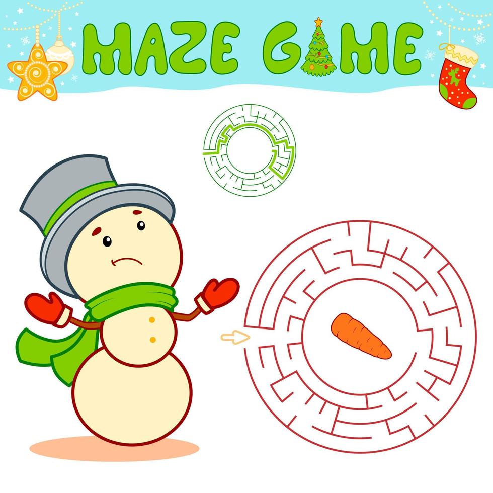 Christmas maze puzzle game for children. Circle maze or labyrinth game with Christmas Snowman. vector