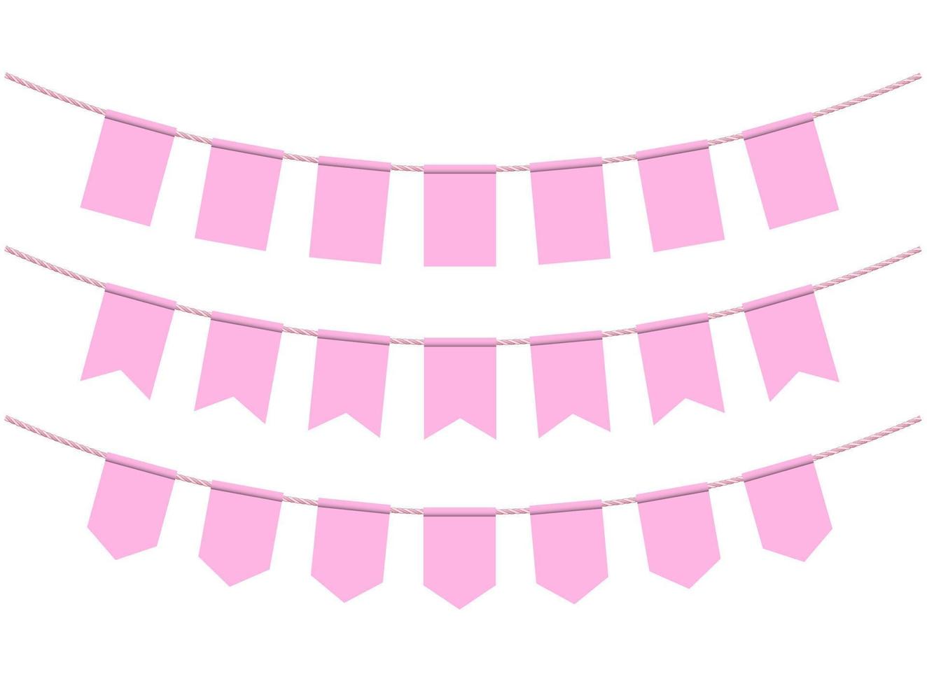 Pink flags for decoration on white background. Bunting flags on the ropes vector