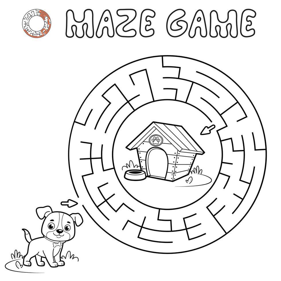 juego de rompecabezas de laberinto para niños. esbozar laberinto circular o juego de laberinto con perro. vector