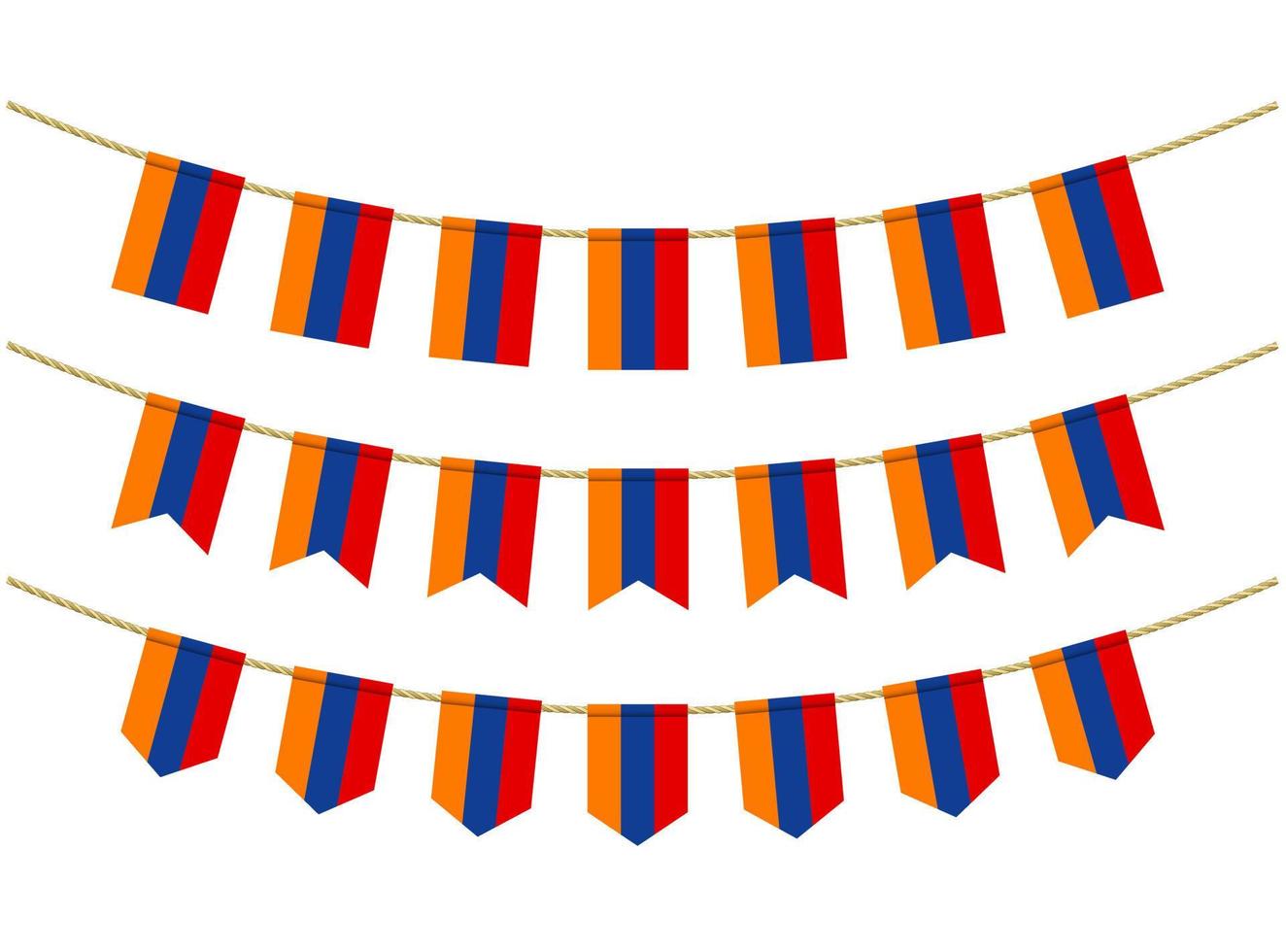 Armenia flag on the ropes on white background. Set of Patriotic bunting flags. Bunting decoration of Armenia flag vector