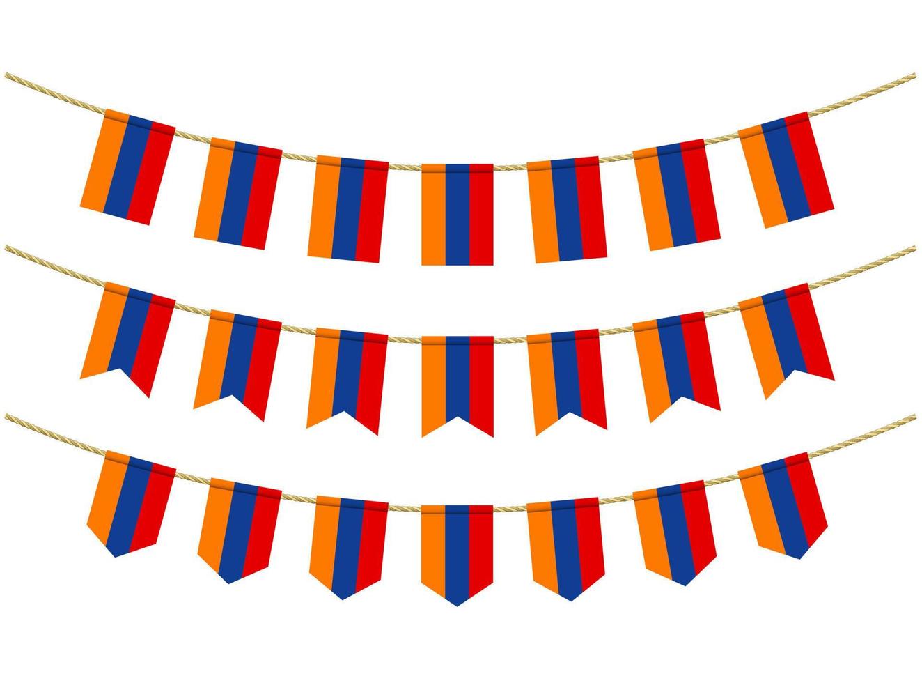 bandera de armenia en las cuerdas sobre fondo blanco. conjunto de banderas patrióticas del empavesado. decoración del empavesado de la bandera de armenia vector