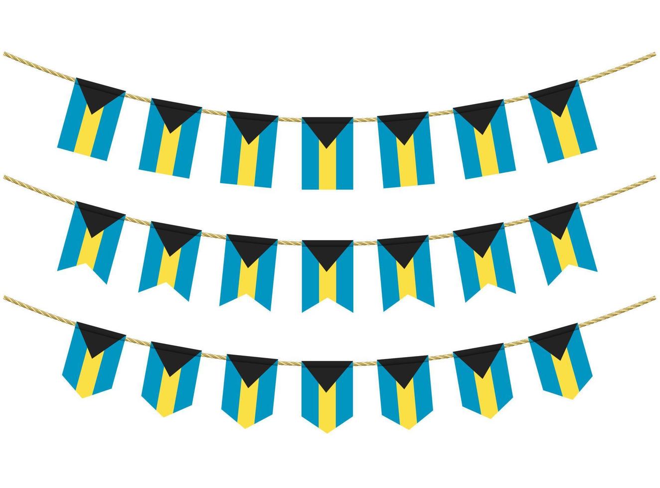 Bahamas flag on the ropes on white background. Set of Patriotic bunting flags. Bunting decoration of Bahamas flag vector