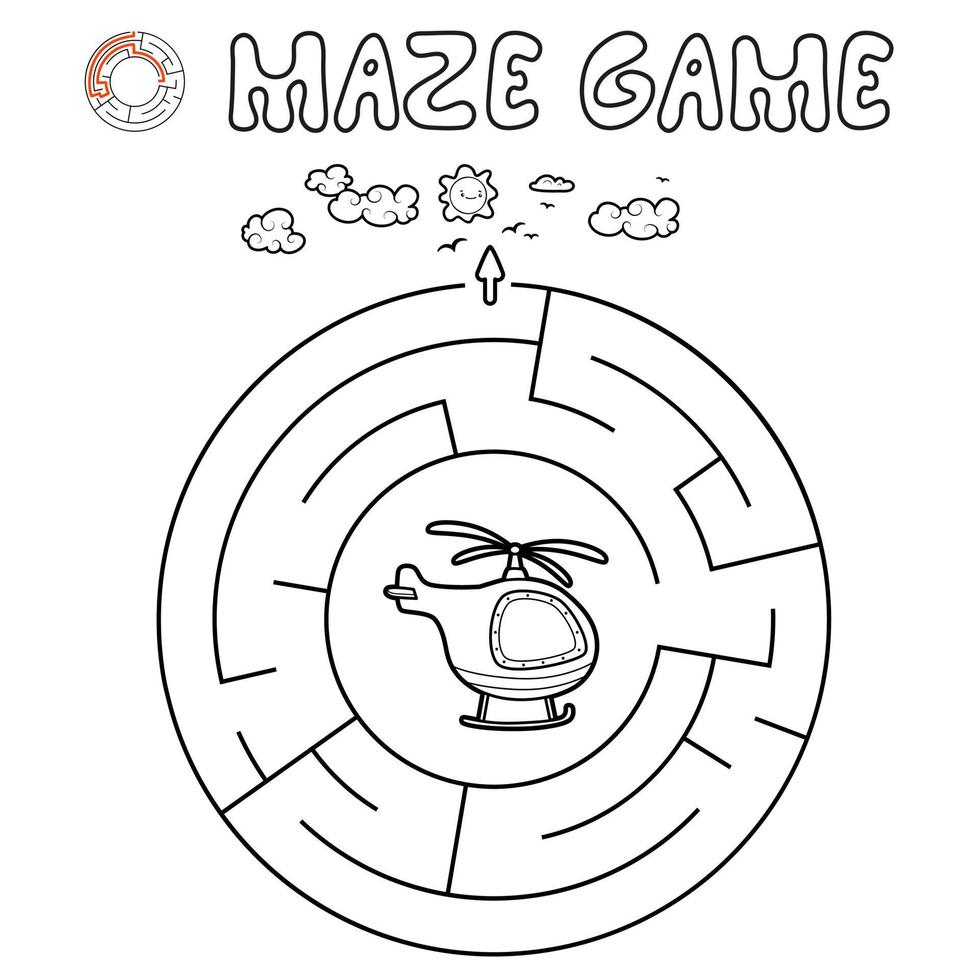 Maze puzzle game for children. Outline circle maze or labyrinth game with helicopter. vector