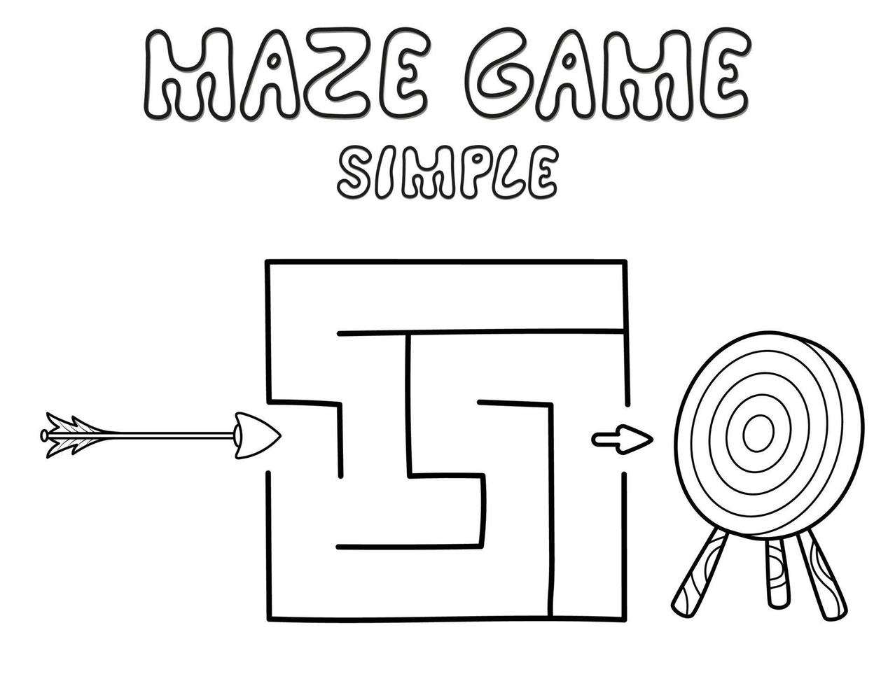 Simple Maze puzzle game for children. Outline simple maze or labyrinth game with arrow and target. vector