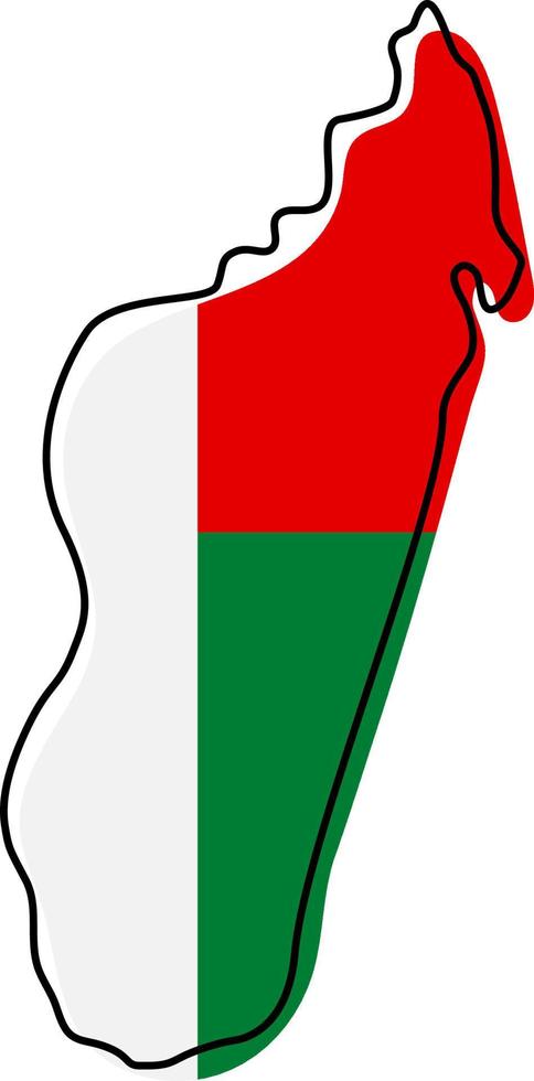 Stylized outline map of Madagascar with national flag icon. Flag color map of Madagascar vector illustration.