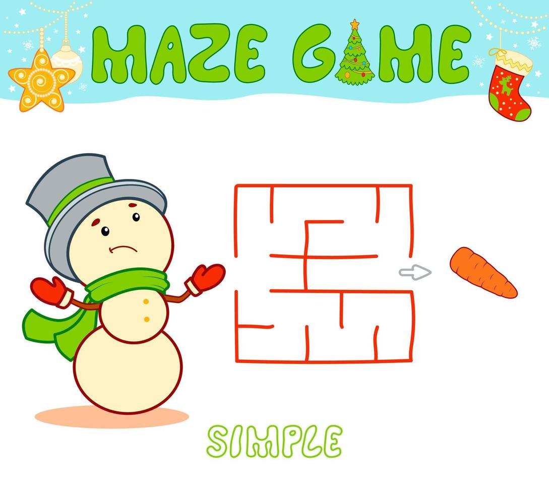 juego de rompecabezas de laberinto navideño para niños. simple juego de laberinto o laberinto con muñeco de nieve de navidad. vector