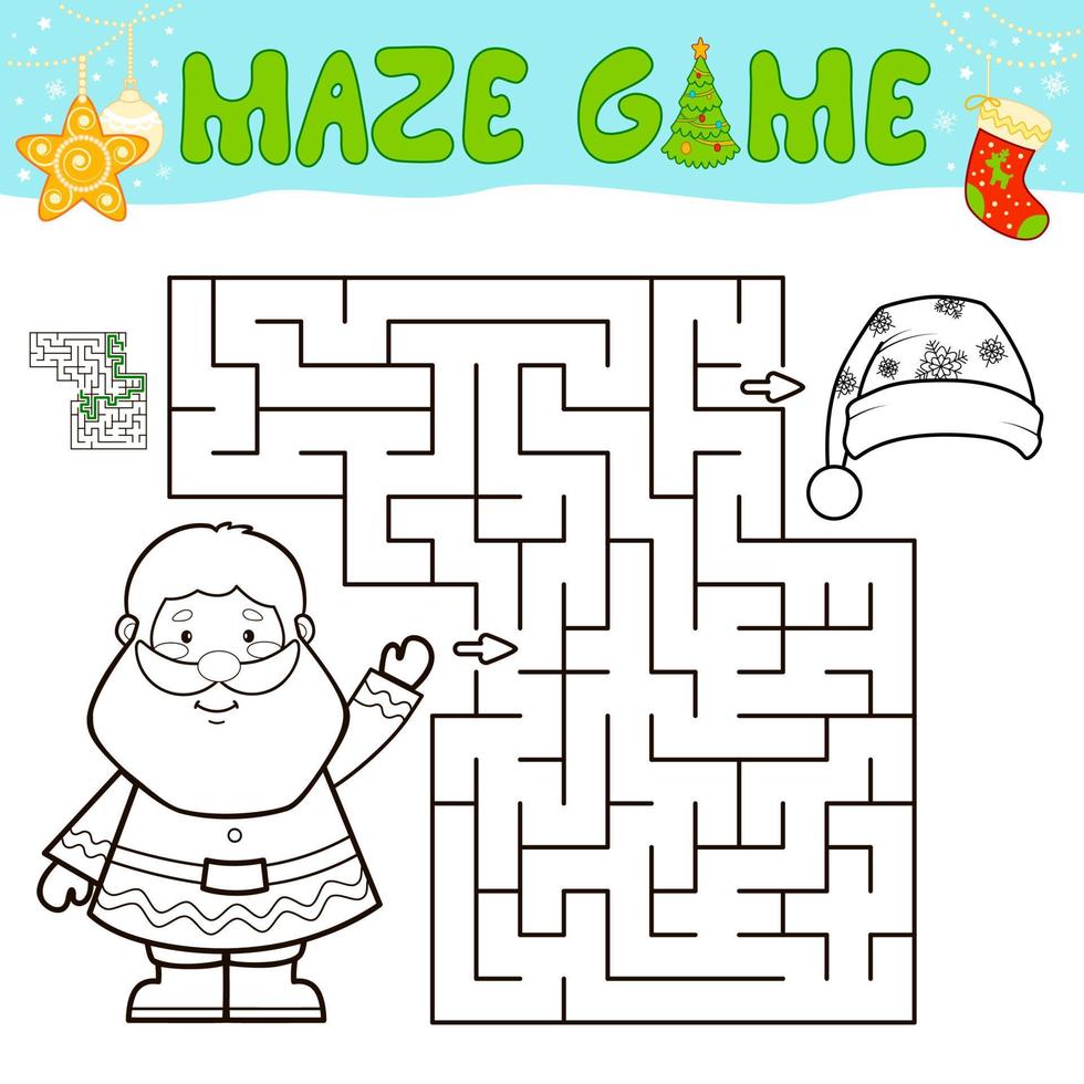 Christmas Maze puzzle game for children. Outline maze or labyrinth game with christmas Santa claus. vector