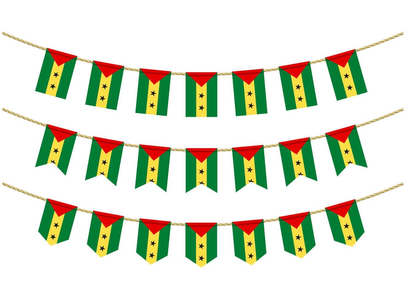 Sao Tome and Principe flag on the ropes on white background. Set of Patriotic bunting flags. Bunting decoration of Sao Tome and Principe flag vector