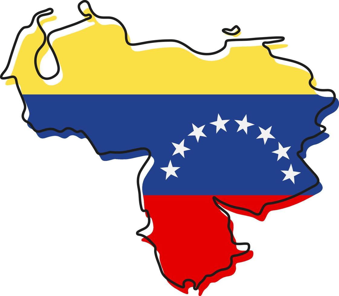 Stylized outline map of Venezuela with national flag icon. Flag color map of Venezuela vector illustration.