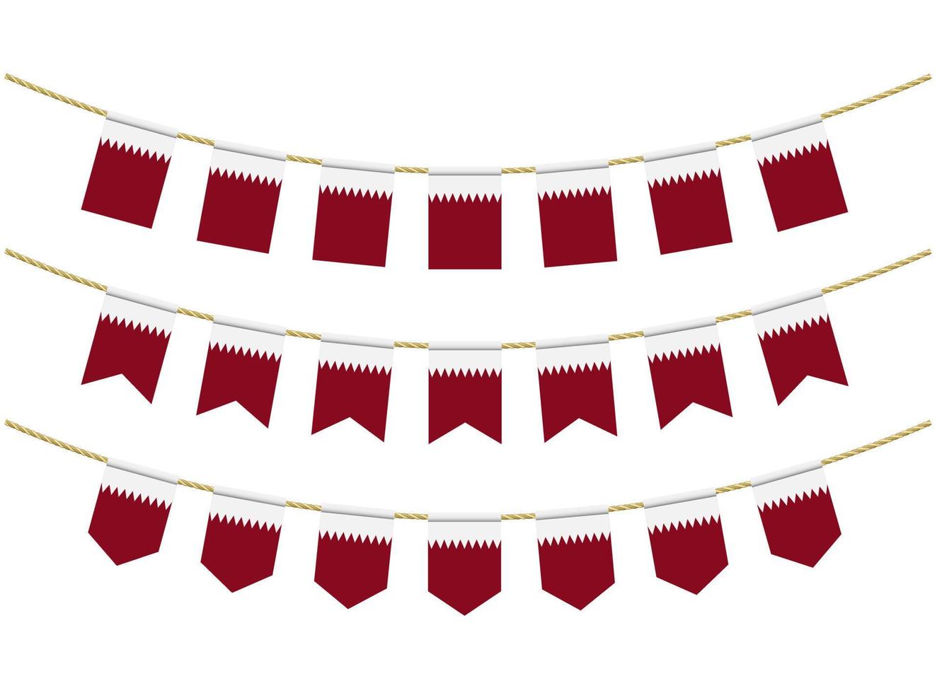 Bandera de qatar en las cuerdas sobre fondo blanco. conjunto de banderas patrióticas del empavesado. decoración del empavesado de la bandera de qatar vector