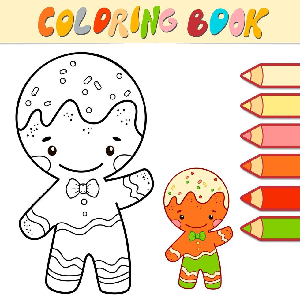 Coloring book or page for kids. Christmas Gingerbread man black and white vector