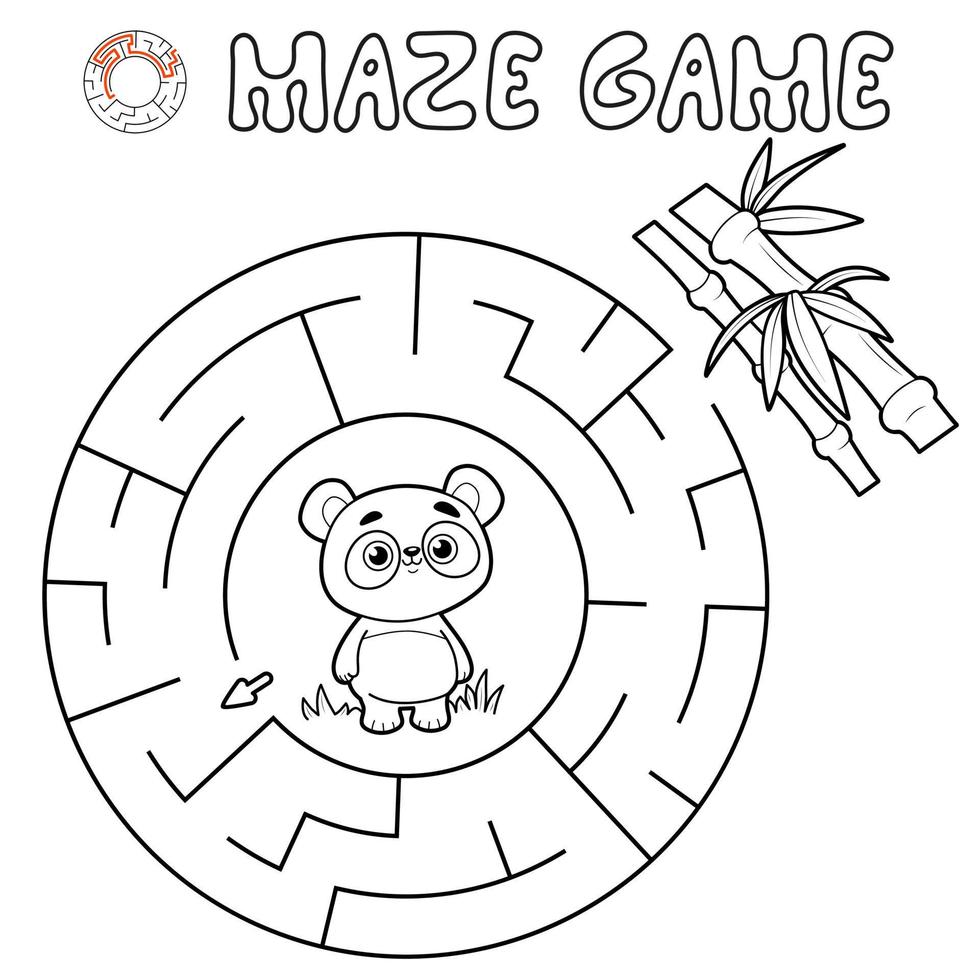 Maze puzzle game for children. Outline circle maze or labyrinth game with panda. vector