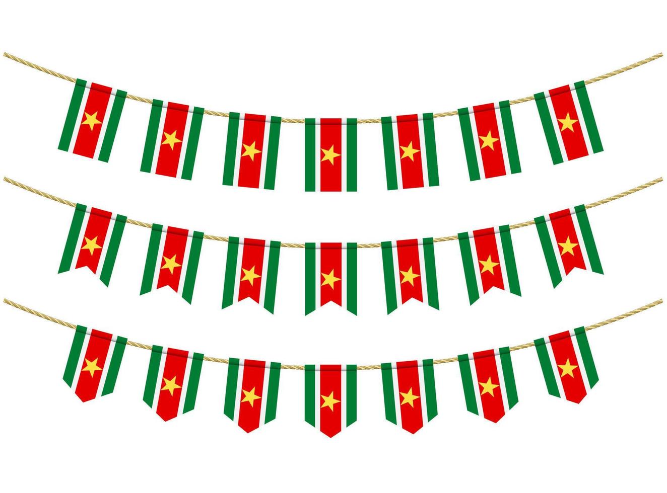 Suriname flag on the ropes on white background. Set of Patriotic bunting flags. Bunting decoration of Suriname flag vector