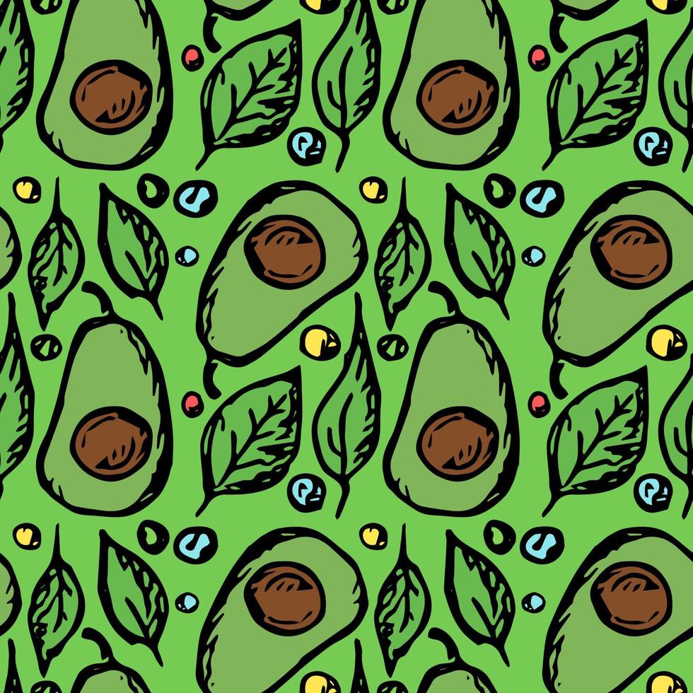 Seamless avocado pattern. Colored avocado background. Doodle vector illustration with fruits