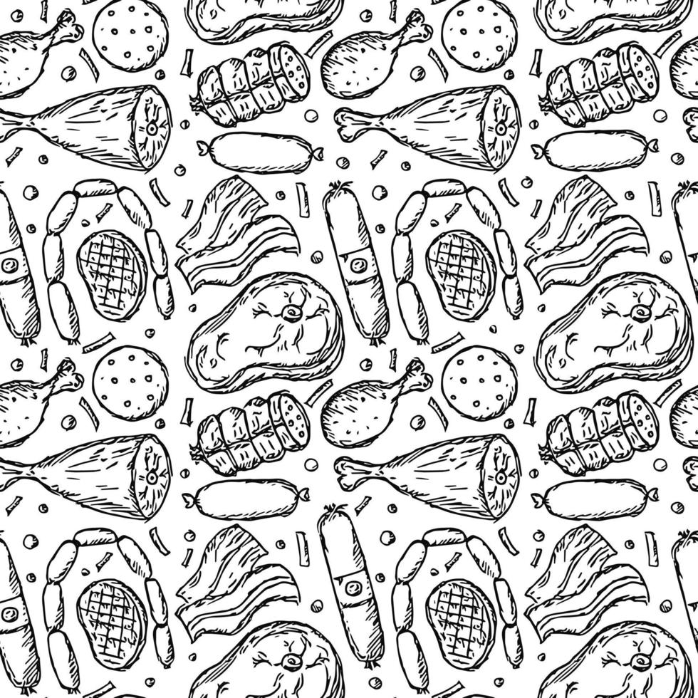 Seamless meat pattern. Black and white meat background. Doodle vector illustration with meat products icons