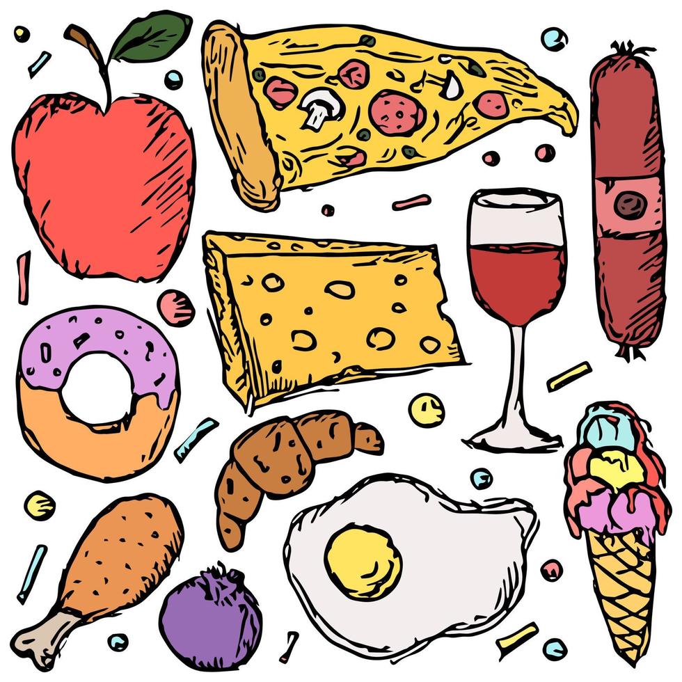 food icons. Colored food background. Doodle vector illustration with food icon