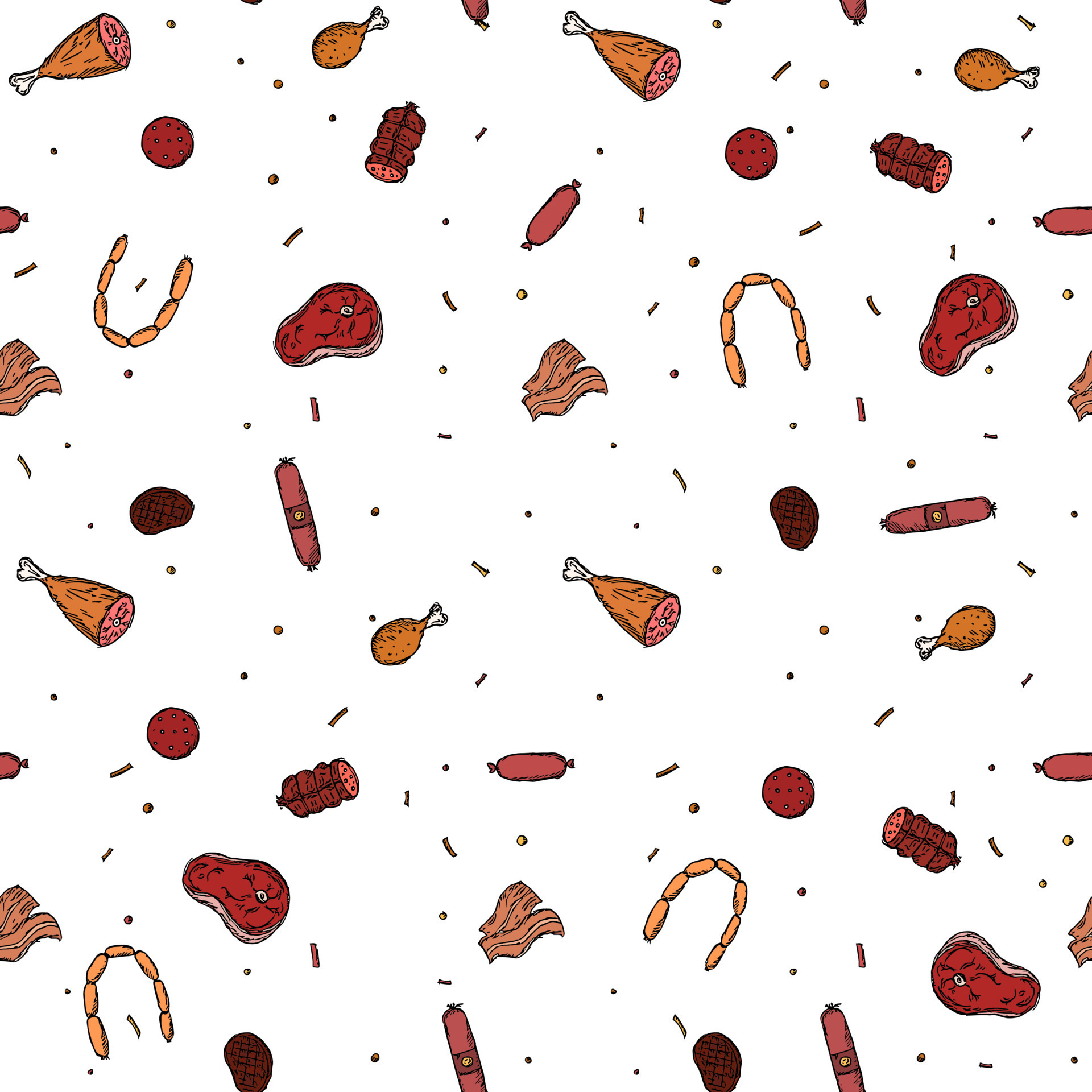 Seamless meat pattern. Colored meat background. Doodle vector