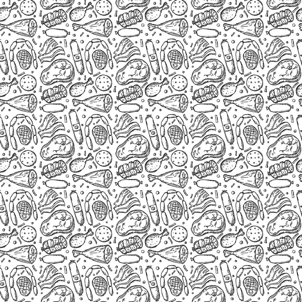Seamless meat pattern. Black and white meat background. Doodle vector illustration with meat products icons