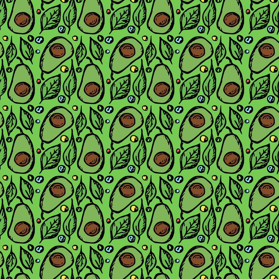 Seamless avocado pattern. Colored avocado background. Doodle vector illustration with fruits