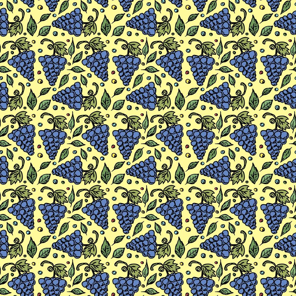 Seamless grape pattern. Doodle vector with grape icons. Vintage grape pattern